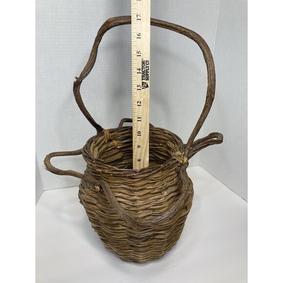 VTG Handmade Rustic Woven Twig Vine Wood Basket Tall Round Primitive Whimsical - Picture 9 of 11